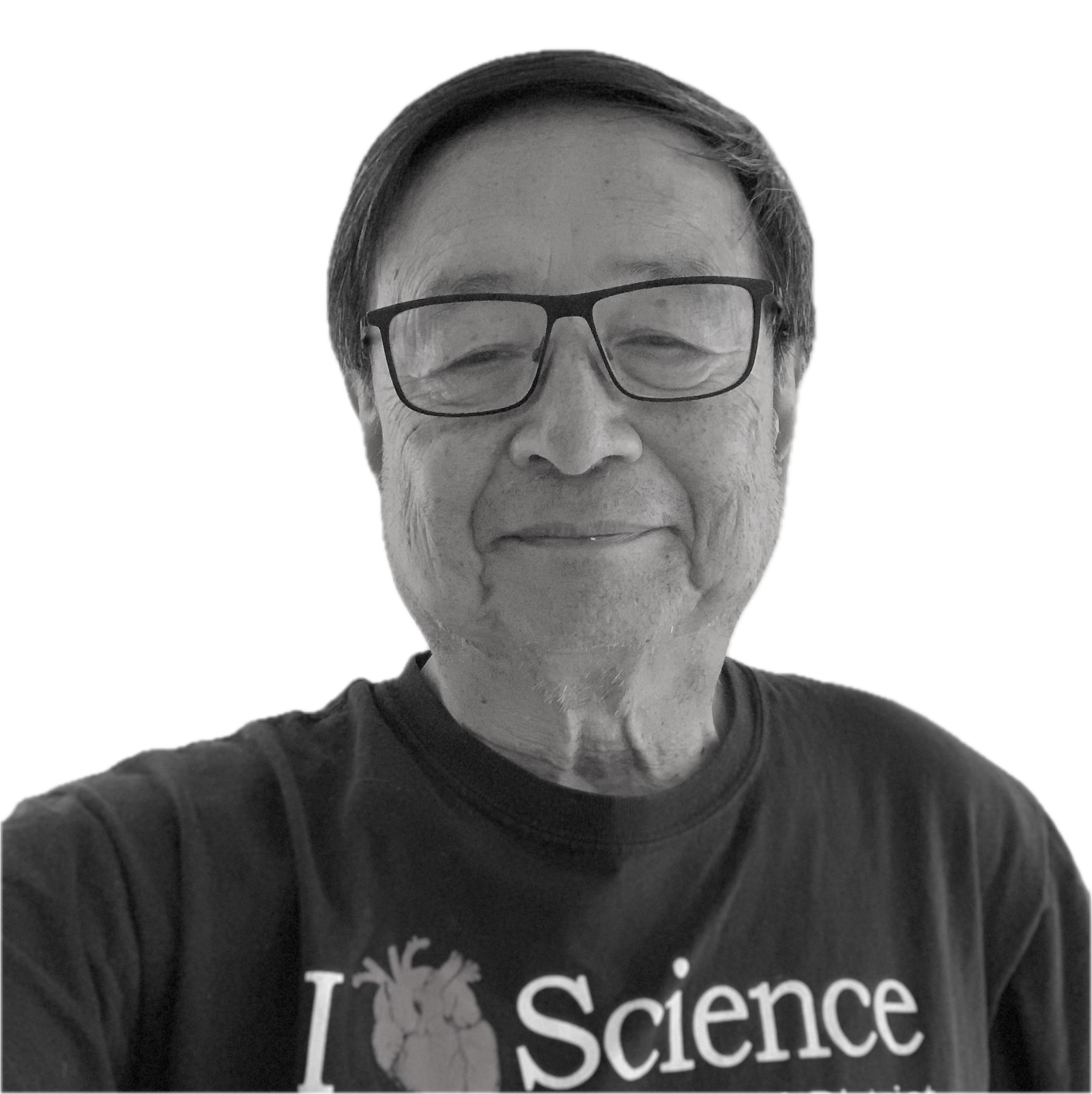 Smiling man with glasses wearing a black shirt that says 'I love Science'.