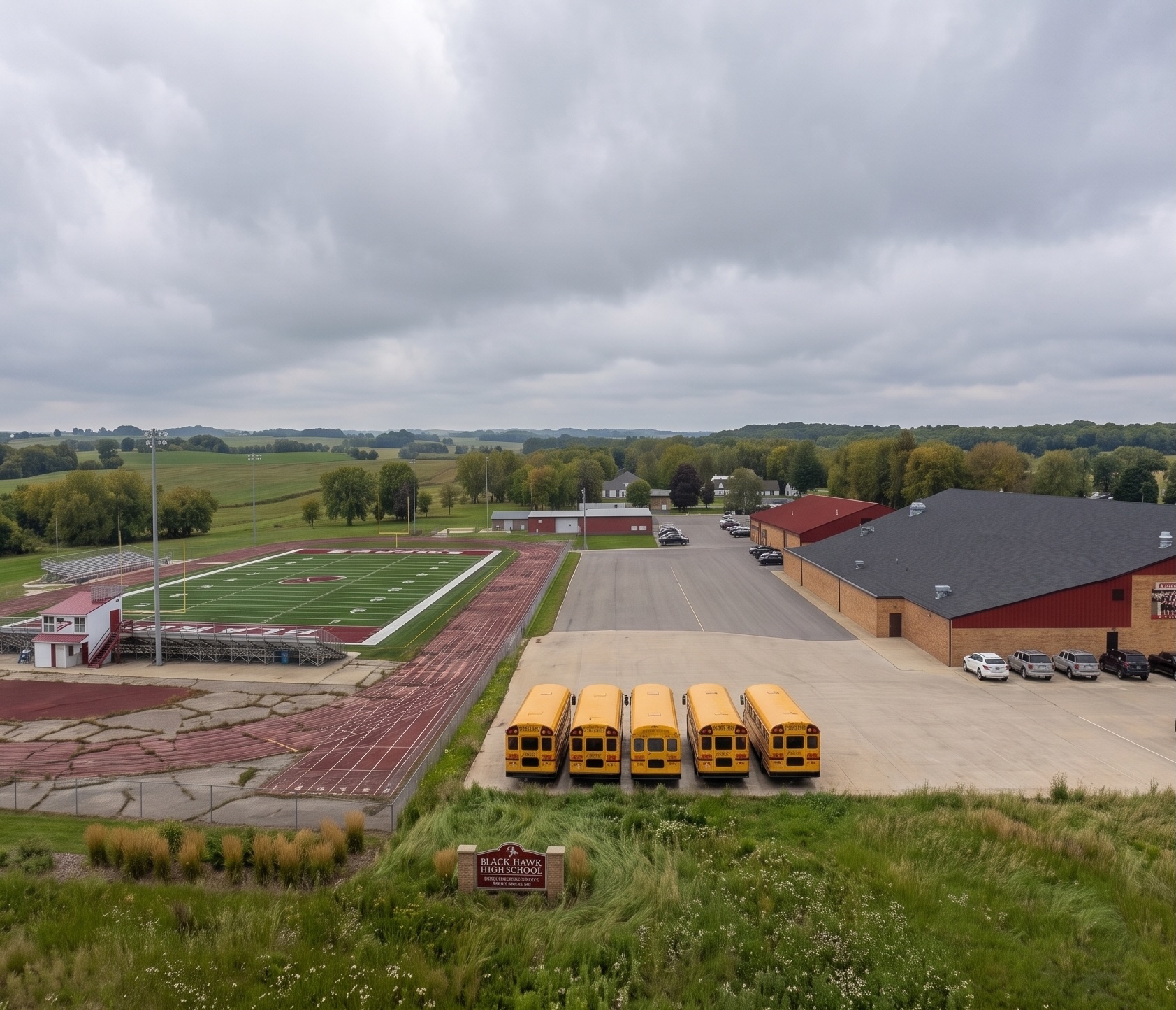 Aerial view of a rural high school with football field, track, buses, and surrounding green landscape.